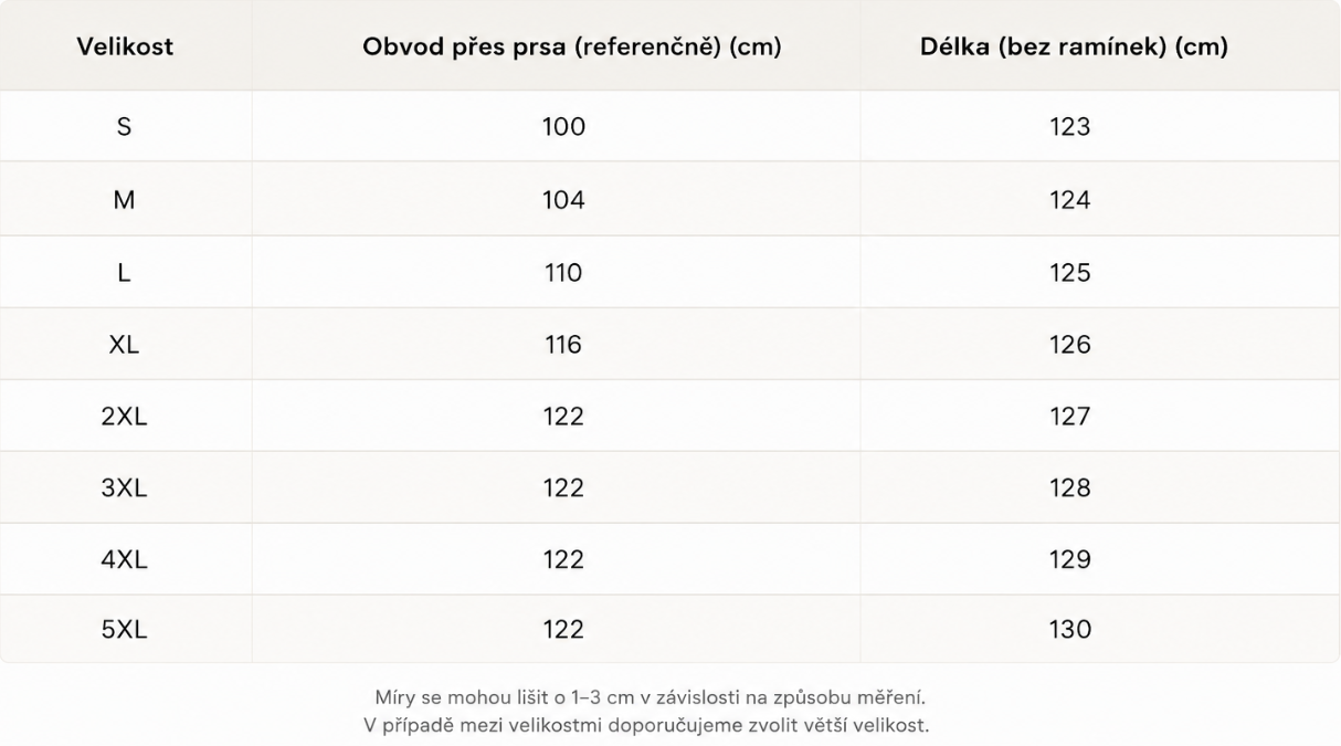 Size guide for Tereza – Noční šaty
