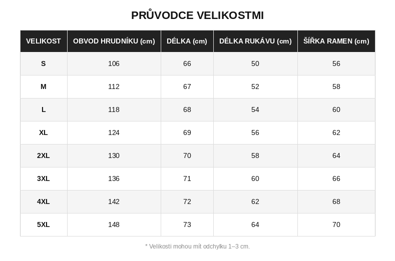 Size guide for Klára - Ležérní kardigan s kapucí