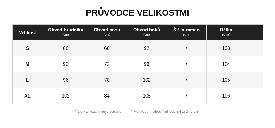 Size guide for Cassie - Midi šaty inspirované agávou